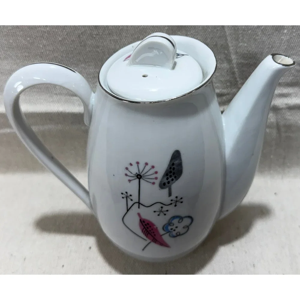 Royal Grace Japan Fine China Teapot 1950s MCM Atomic Botanical Pink Blue White